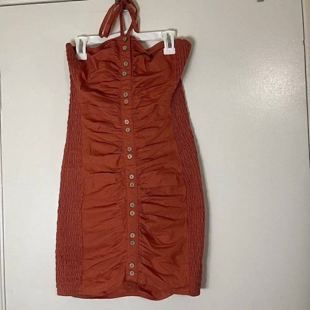 Free People Orange bodycon cinched strapless button down dress XS